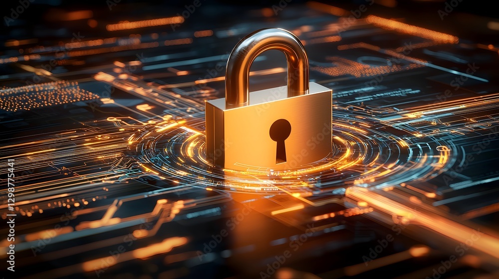 Poster Futuristic digital security visualization featuring a radiant golden orange padlock at the core of a high tech blockchain network encircled by swirling encrypted data streams and cyber elements