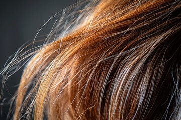 Fototapeta premium A mesmerizing close-up shot of flowing hair, showcasing the vibrant blend of red, brown, and white strands, creating a captivating texture and depth in the image.