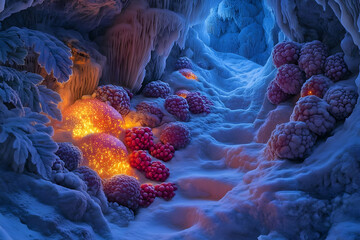 Glowing Berries In Snowy Cave Tunnel