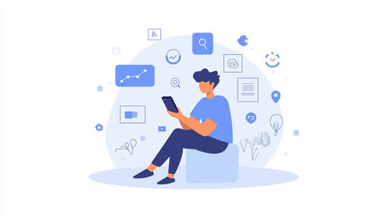 スマートフォンを使うビジネスパーソンのイラスト | デジタルツールで作業
Illustration of Business Person Using Smartphone | Working with Digital Tools