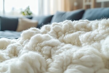 A luxurious, oversized white knit blanket draped over a modern blue sofa, creating a cozy and inviting atmosphere, with natural light streaming in the background.