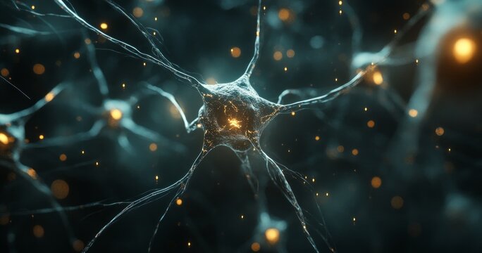 Intricate neural connection network with illuminated synapses in dark background