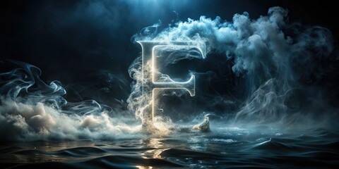 Abstract artistic lighting illuminates a smoky "E" in dark water, capturing fluid motion in a mystical night photograph.