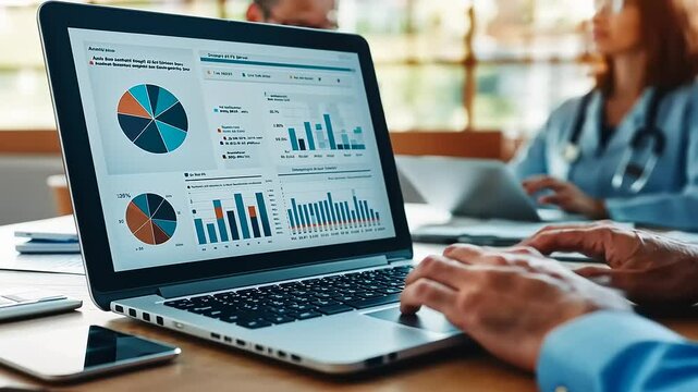 Business professionals analyzing data on a laptop in a bright office setting