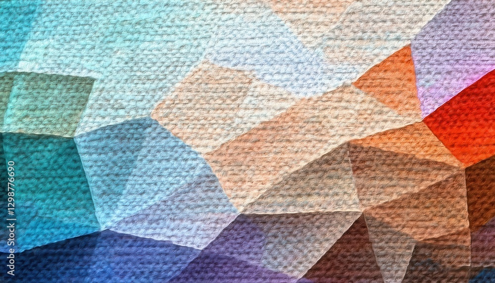 Poster textured polygonal abstract background with soft pastel and vibrant hues, resembling a painted fabric canvas with geometric depth


