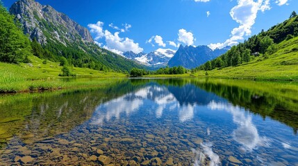 Fototapeta premium Tranquil Mountain Lake Reflection Under Blue Sky