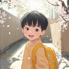 Smiling anime-style boy with a yellow backpack under cherry blossoms