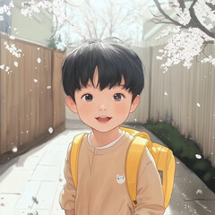 Smiling anime-style boy with a yellow backpack under cherry blossoms