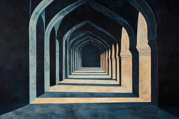 Obraz premium Sunlit arched hallway, architectural perspective.