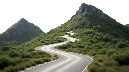 Curvy mountain road with greenery, cut out
