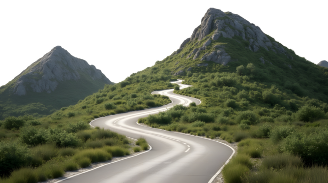 Curvy mountain road with greenery, cut out
