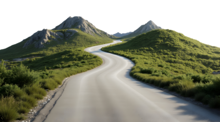 Curvy mountain road with greenery, cut out