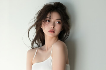 Fototapeta premium Asian Female in Studio Setting - Young Woman on White Background with Soft Shadows - Styled Long Hair - Portrait of Eastern Beauty for Fashion or Cosmetic Model - Photoshoot Modelling