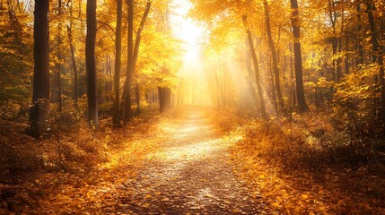 Fototapeta premium Enchanting Forest Path Illuminated by Golden Autumn Light