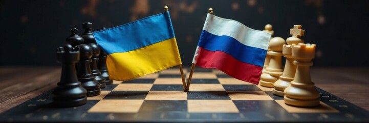 Chessboard with Ukraine flag and Russia flag on it, surrounded by conflict elements, conflict, battlefield