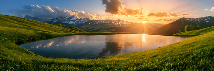 Golden Hour Tranquility: Serene Mountain Landscape with Gentle Slope Leading to Pristine Lake and Snow-capped Peaks