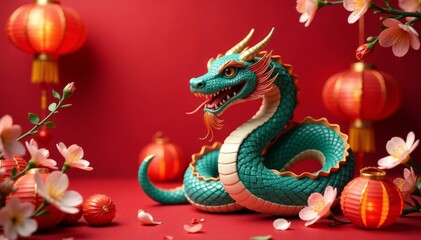 Obraz premium Chinese zodiac snake surrounded by blooming flowers and colorful lanterns on a red cloth backdrop , winter festival, chinese decorations