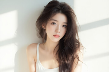 Asian Female in Studio Setting - Young Woman on White Background with Soft Shadows - Styled Long Hair - Portrait of Eastern Beauty for Fashion or Cosmetic Model - Photoshoot Modelling