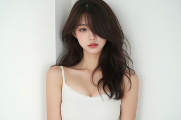 Asian Female in Studio Setting - Young Woman on White Background with Soft Shadows - Styled Long Hair - Portrait of Eastern Beauty for Fashion or Cosmetic Model - Photoshoot Modelling