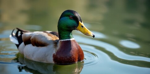 Obraz premium close-up of male mallard duck in shallow water, lake scene, close-up