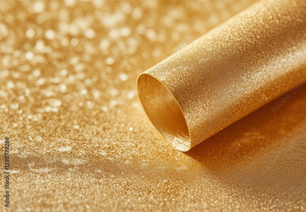Poster shimmering gold glitter background with rolled paper and sparkling texture for creative projects and