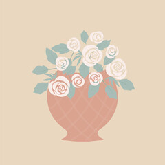 Vintage pattern in shabby chic style. Elegant floral motif, nostalgic roses, vase,, delicate pastel colors. Vector