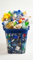 Overflowing recycling bin filled with colorful plastic waste highlighting environmental impact and importance of improved waste management systems. Vertical orientation.