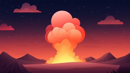 Colorful illustrated explosion in desert at dusk with dramatic cloud and starry sky
