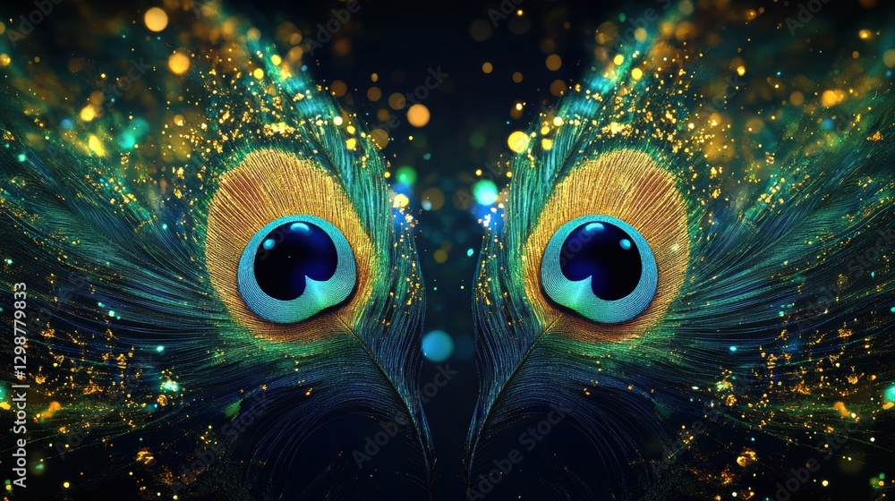 Fototapete Vibrant peacock feathers with sparkling lights creating a stunning visual effect at night. Generative AI