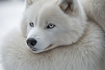 Fototapeta premium A striking close-up portrait of a majestic white Siberian Husky with captivating blue eyes, radiating serenity and grace in a pristine winter environment.