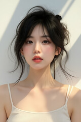 Naklejka premium Asian Female in Studio Setting - Young Woman on White Background with Soft Shadows - Styled Long Hair - Portrait of Eastern Beauty for Fashion or Cosmetic Model - Photoshoot Modelling