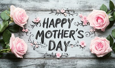 A heartfelt Mother's Day message surrounded by delicate pink roses on rustic wooden background.
