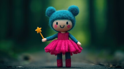 Cute felt doll with blue hair and star wand in forested background