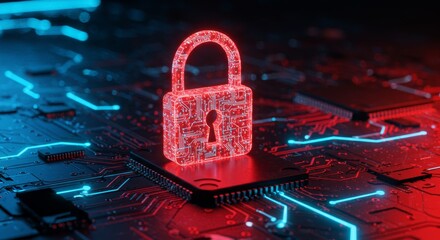 Red digital padlock on a circuit board