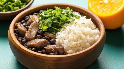 Delicious brazilian feijoada with rice, black beans, pork, and fresh cilantro garnish