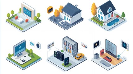 Obraz premium A vibrant isometric illustration of modern living spaces and smart technology.
