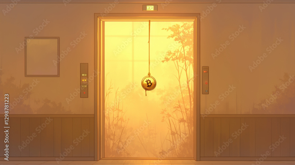 Poster bitcoin crash, crypto price drop sell-off. sunset glow illuminates an elevator door with a mysteriou