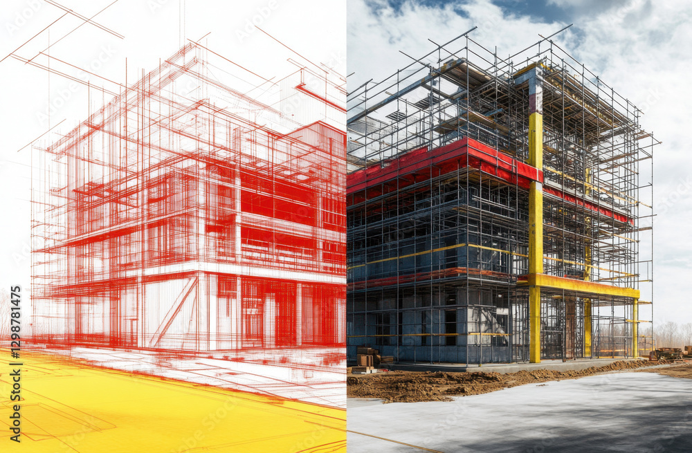 Poster detailed blueprint of a building alongside its real construction site, highlighting design and progr
