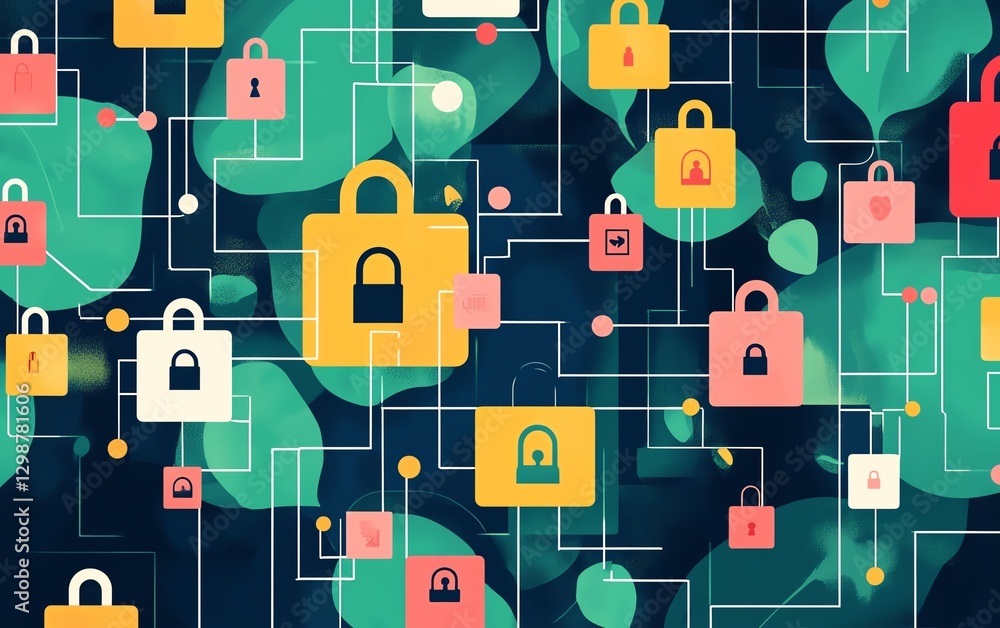 Poster conceptual illustration of secure tech networks with digital padlocks, showcasing data security, net