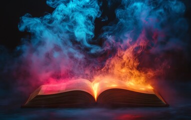 Captivating scene of an open book glowing brightly, with colorful smoke swirling from the pages, set against a dark, magical night backdrop, evoking fantasy and mystery