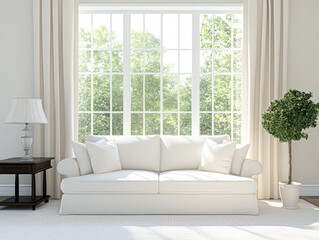 Fototapeta premium Bright living room with white sofa and large windows.