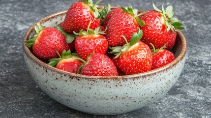Close-up of ripe strawberries in a ceramic bowl