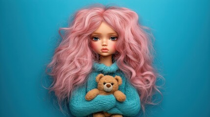 Naklejka premium Doll with pink hair and teddy bear against blue background