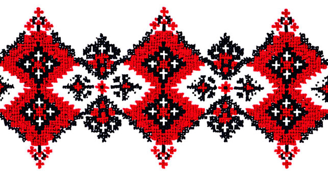 raditional Ukrainian cross-stitch embroidery with red and black geometric patterns, isolated on a white background