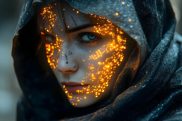 Woman in hood, glowing face, outdoor portrait