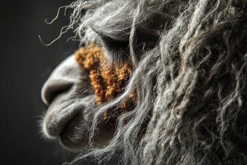 A detailed, moody close-up of a llama's head showcases its unique profile with soft fur, long eyelashes, and textured wool, set against a dark, blurred background.