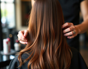 Fototapeta premium Hairdresser Styling Long Brown Hair in Salon