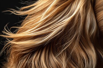 Naklejka premium A close-up showcases the texture of long, flowing blonde hair, highlighting its natural highlights and healthy sheen against a contrasting dark backdrop, suitable for beauty industry.