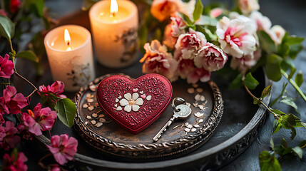 p Medium shot of a heart-shaped keyring with