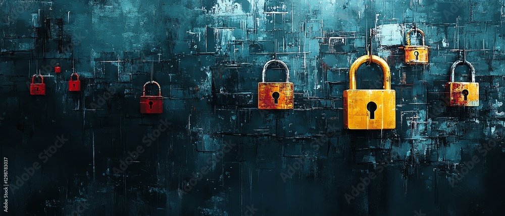 Poster modern digital security system with interconnected padlocks, representing network protection, data s